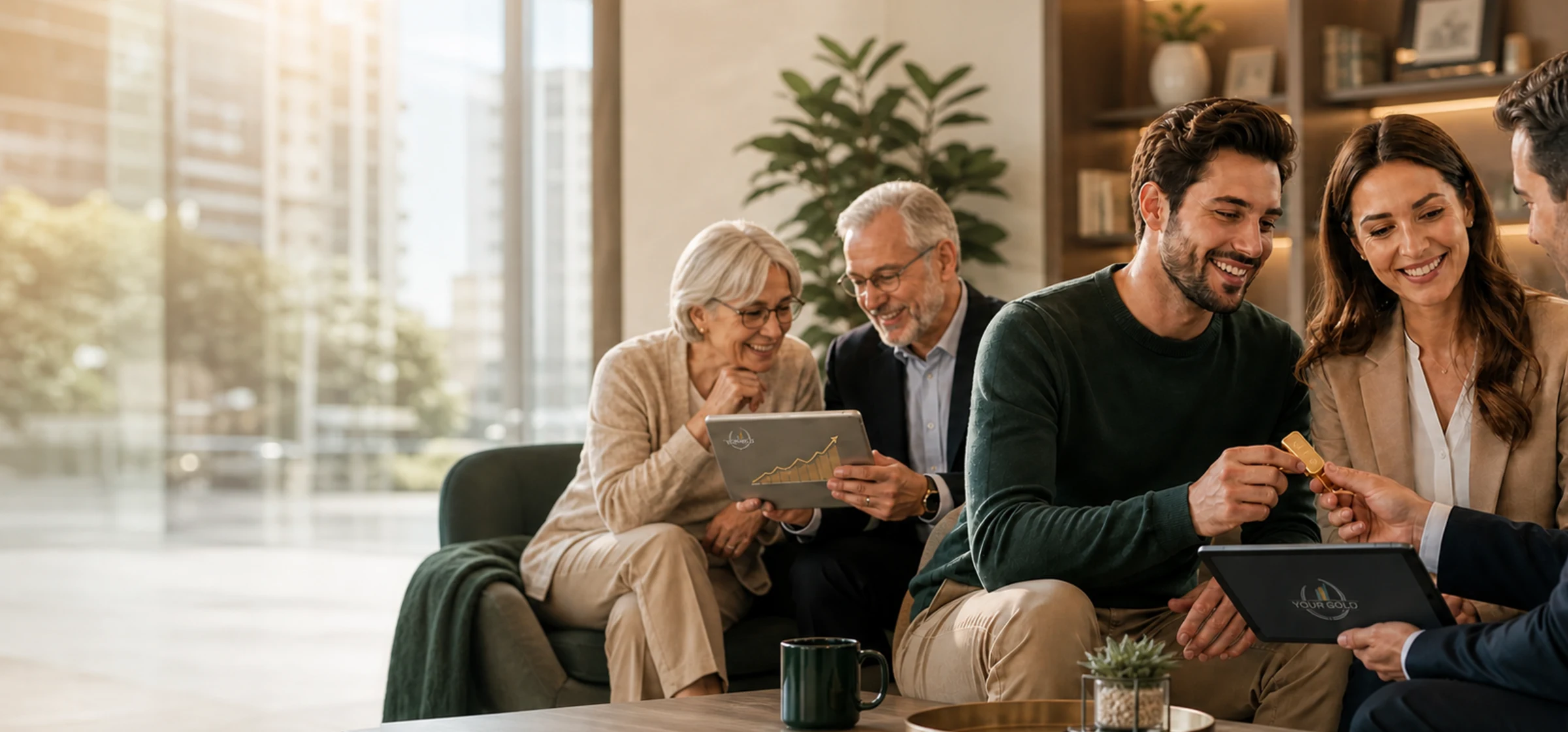 Happy people planning gold savings together